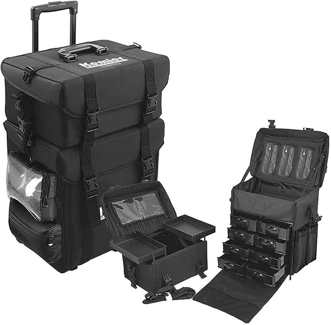 Kemier studio makeup case Omni-directional wheels 2 in 1 Professional Soft Sided,Removable,Artist Rolling Makeup Train Case,Cosmetic Organizer w/Storage Drawers