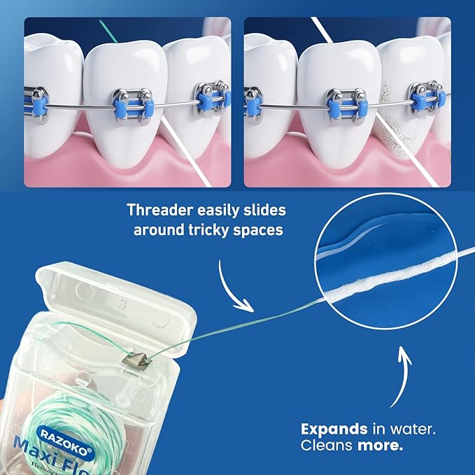 RAZOKO Threader Floss for Braces,Implants,Bridges-130 Count Pre-Measured Strands 2-in-1 Expanding Waxed Dental Floss for Deep Clean,Light Mint Flavored