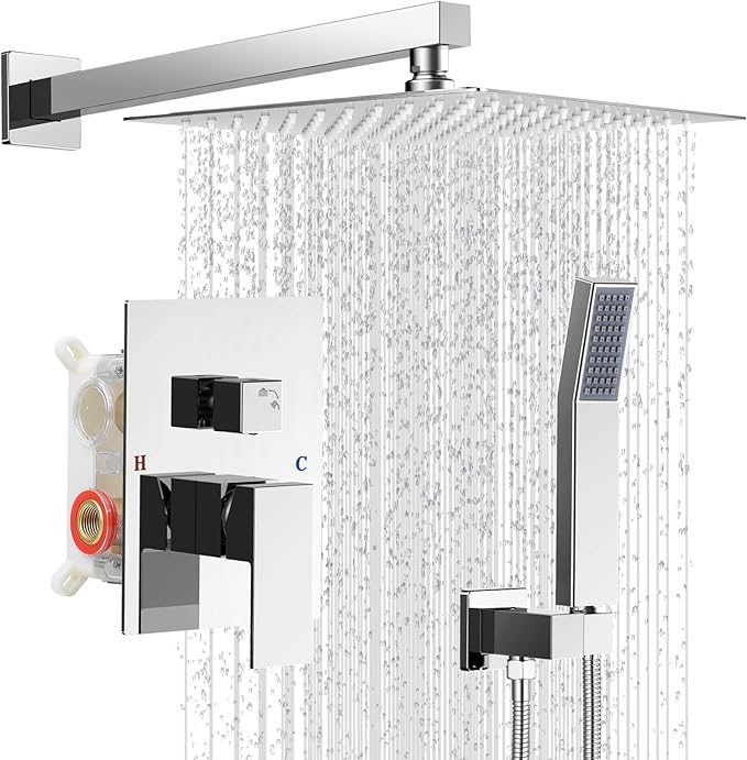 IUERASD Shower Faucet set with Shower head, Wall Mount 10 Inch Square Rainfall Shower Head and Handle Set Single Handle Shower System Set with Female Threads Valve Body and Trim Included (Chrome)