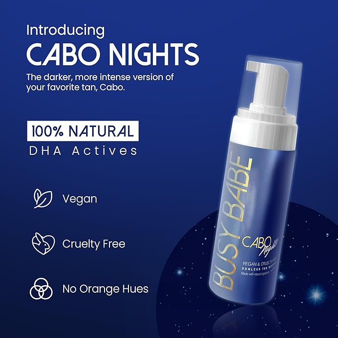 Busy Babe Self Tanner - Cabo Nights Express Rapid Dark Tanning Mousse - Deeper Sun-Kissed Glow with Mitt - Vegan, Cruelty-Free, Instant Tan, Self Tanning Mousse Pump - Express, Violet based- 7.2 oz