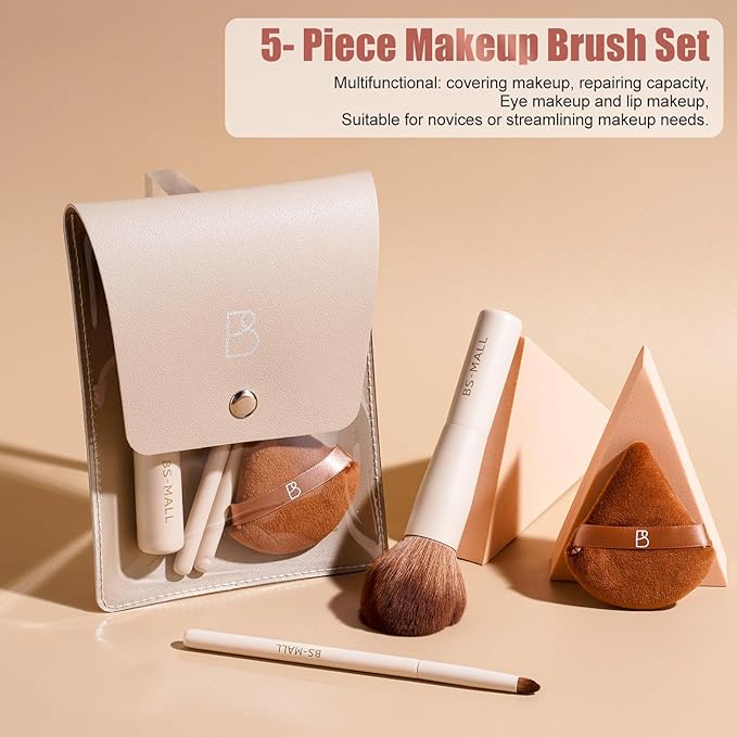 BS-MALL Travel Makeup Brushes Premium Synthetic Foundation Powder Concealers Eye Shadows 7 PCS with Triangle Puff & Storage Bag (Beige)