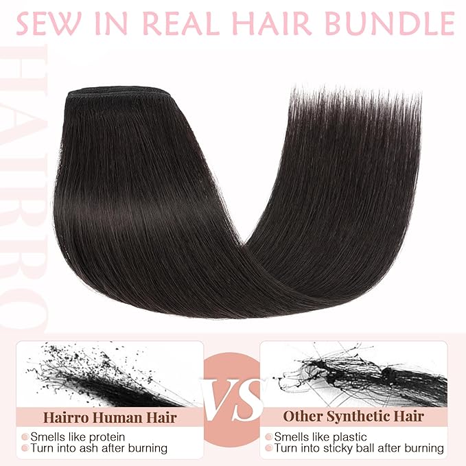 Hairro Sew in Human Hair Extensions Real Hair, 100g/bundle Weave Weft for Women Adding Volume and Length, for DIY Beauty Dating Party, 18 Inch One Bundle Straight Off Black