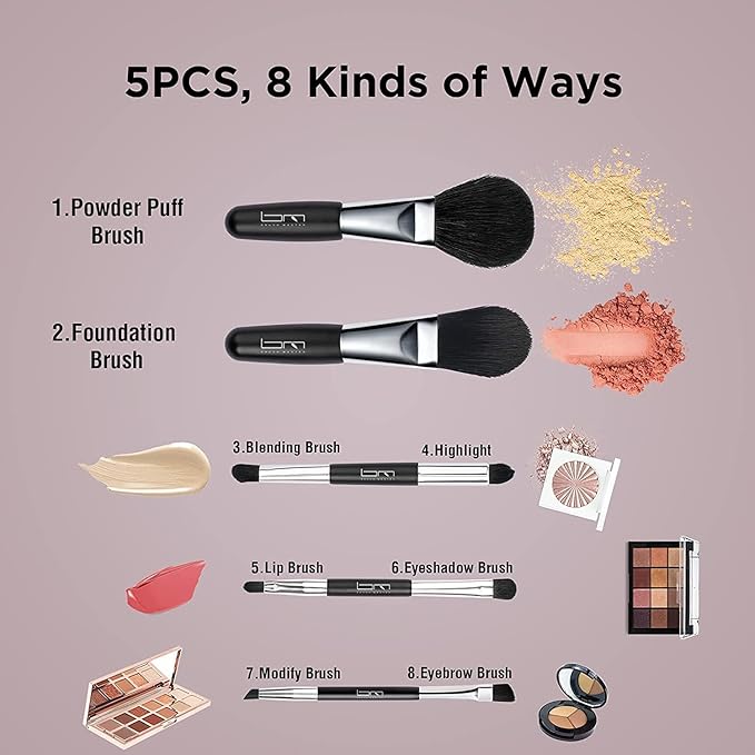 Brush Master Travel Makeup Brushes Set w/Pouch, 5PCS Double Ended Portable Mini Cosmetic Brushes Kit for Foundation, Eyeshadow, Lip, Blush Make Up Brushes Professional(Black)