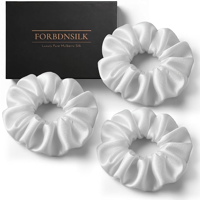 100% Pure 22 Momme Mulberry Silk Scrunchies (Set of 3) | Highest grade (6A) Luxury Hair Ties| (Black,White,Pink) | (White, Standard)