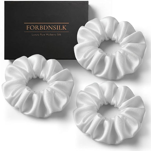 100% Pure 22 Momme Mulberry Silk Scrunchies (Set of 3) | Highest grade (6A) Luxury Hair Ties| (Black,White,Pink) | (White, Standard)