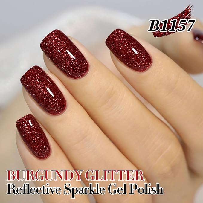 Double Rhythm 15ML Glitter Gel Polish Shimmer Reflective Holographic Color Magnetic for Nail Art Salon DIY at Home (Burgundy Glitter-B1157)