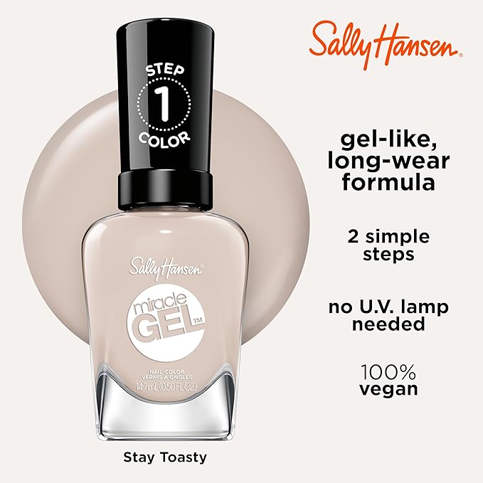 Sally Hansen Miracle Gel Salon Quality Nail Polish | Gel-Like Formula, Two-Step System, No UV Light Needed, Long Lasting | Opaque, Glossy | 192 Stay Toasty | Nude Beige Nail Polish