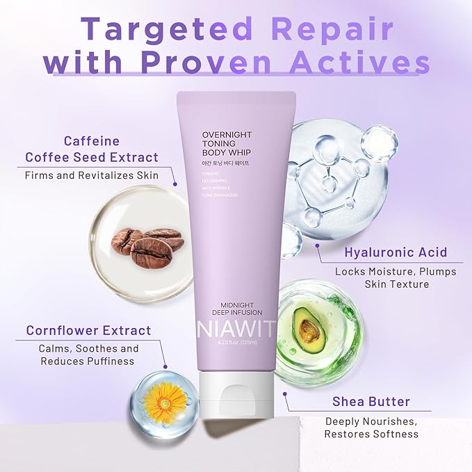 NIAWIT Overnight Toning Body Whip – Clinically Tested Night Cream for Firming & Moisturizing Arms, Thighs & Belly | Targets Loose Skin & Improves Tone While You Sleep, All Skin Types