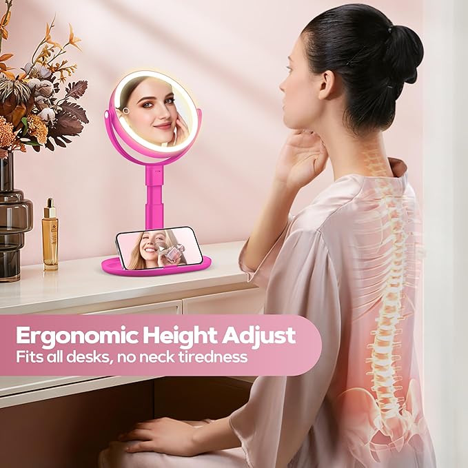 Makeup Mirror with Lights, 30X Magnifying & Height Adjustable, Lighted Magnifying Mirror with 3 Light Modes and Stepless Dimming, Vanity Mirrors for Bathroom, Birthday Gift for Women, Hotpink