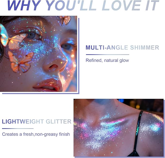 1PC Roll-on Holographic Body Glitter Gel for Body, Hair, Face, Chameleon Color Changing Glitter Gel Under Light, Chunky Mermaid Sequins Festival Party Rave Accessories Shimmer Makeup (Glint-Rainbow)