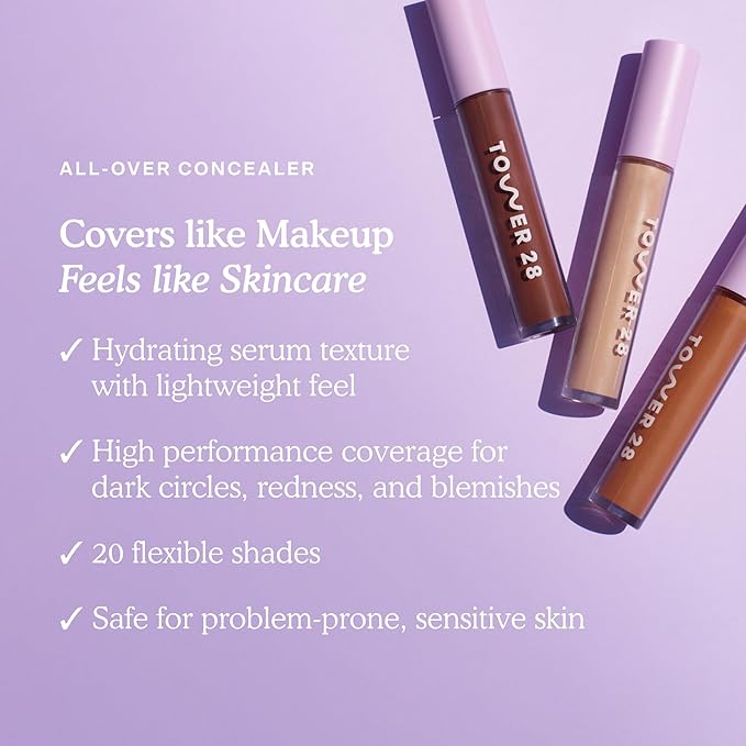 Tower 28 Swipe Serum Concealer - Hydrating Medium-Full Coverage Concealer + Under Eye Brightener - Skin Care Infused Makeup with Hyaluronic Acid + Soothing Centella - 8.0 Medium/Warm Peach (0.22 oz)