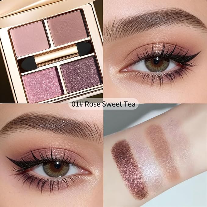 Cool Pink Mauve Eyeshadow Palette, 4 Matte & Glitter Shades for Icy Rose Glow and Romantic Soft Glam Looks — Enhances Brown, Hazel & Green Eyes, Long-Lasting High Pigment Blendable Eye Makeup 1