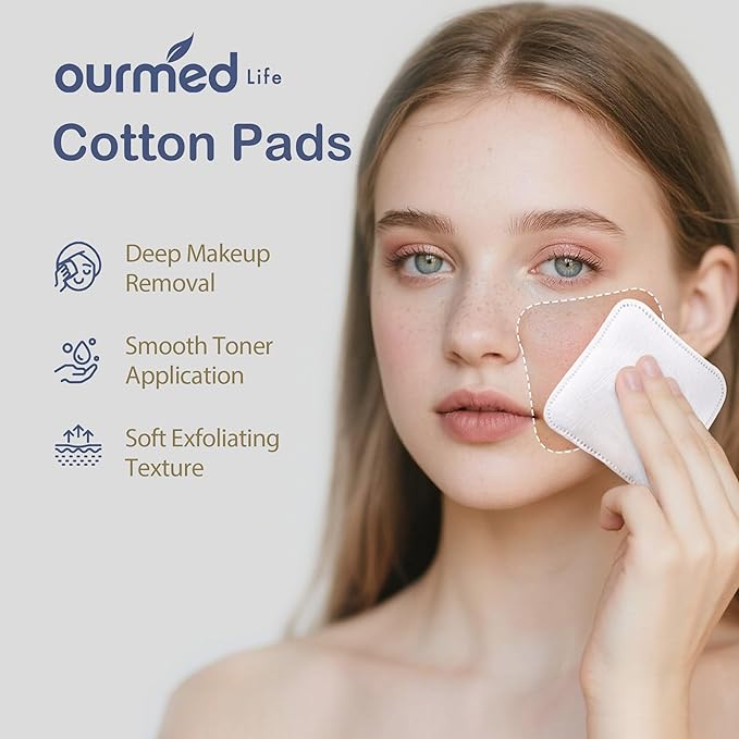 Ourmed Life Large Cotton Pads for Face, Soft & Lint-Free Cotton Rounds with Pressed Seam Design, Durable Facial Cleansing Squares for Face, Ideal Makeup Remover Pads, 3x3 Inch, 120 Count
