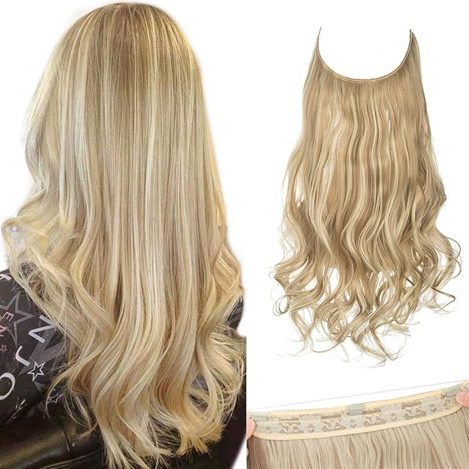 SARLA Invisible Wire Hair Extensions with 3 Clips Dirty Blonde Short Synthetic Wavy Curly Hairpiece Highlights Adjustable Transparent Headband for Women 14 Inch