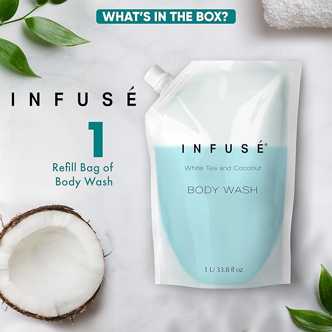 INFUSÉ 1 Liter Body Wash Refill Bag For Soap Dispensers | Bulk Toiletries for Vacation Rentals, and Home Bathroom Showers | White Tea and Coconut | Single