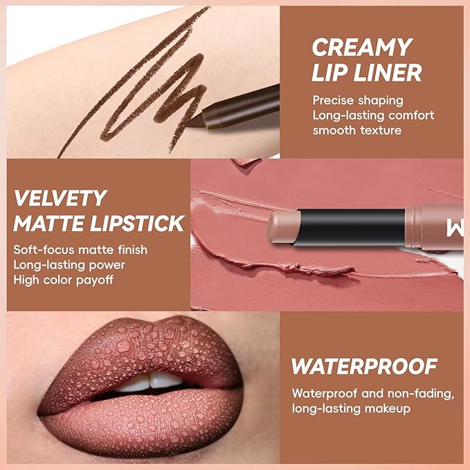 Noerrors 2PCS Gradient Lip Liner and Lipstick Lip Combo Set for Women, Brown Plumping Lip Liner Pencil & Nude Matte Lip Balm, Waterproof Long-Lasting Smudge-Proof Velvet Lip Makeup Kit for beginner