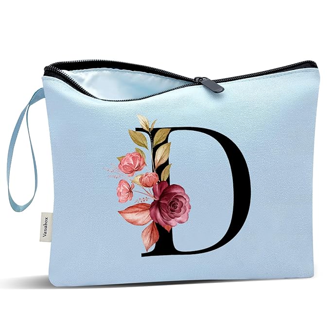 Vavabox A-Z Personalized Makeup Bag, Birthday Gifts for Women Mom, Gifts for Best Friend, Bride Bridesmaid Cosmetic bag (D, Blue)