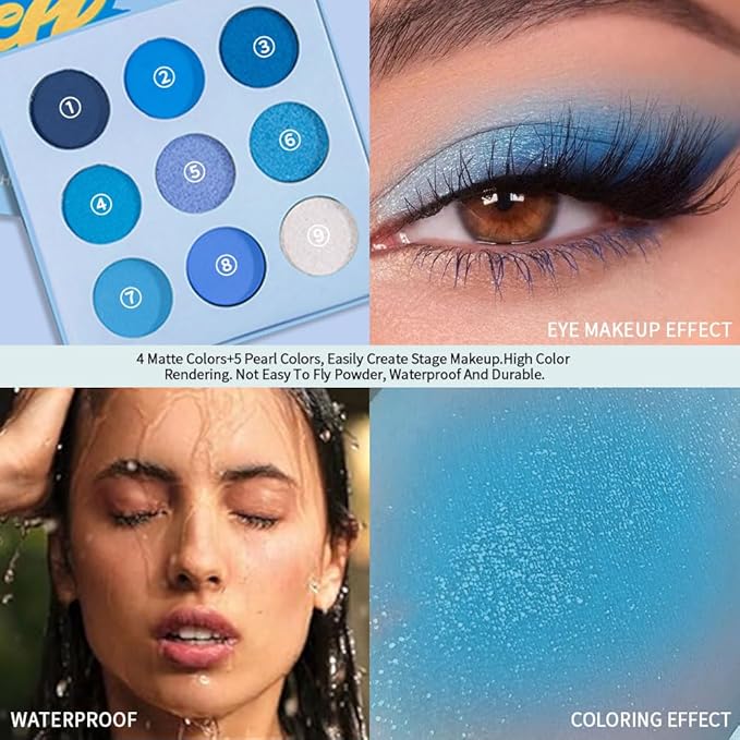 9-Color Blue Eyeshadow Palette–High Pigment Matte Shimmer Glitter Eyeshadow Palette in Navy, Aqua, Teal & Silver Shades,Long-Lasting Waterproof, Blendable for Creative & Everyday Looks