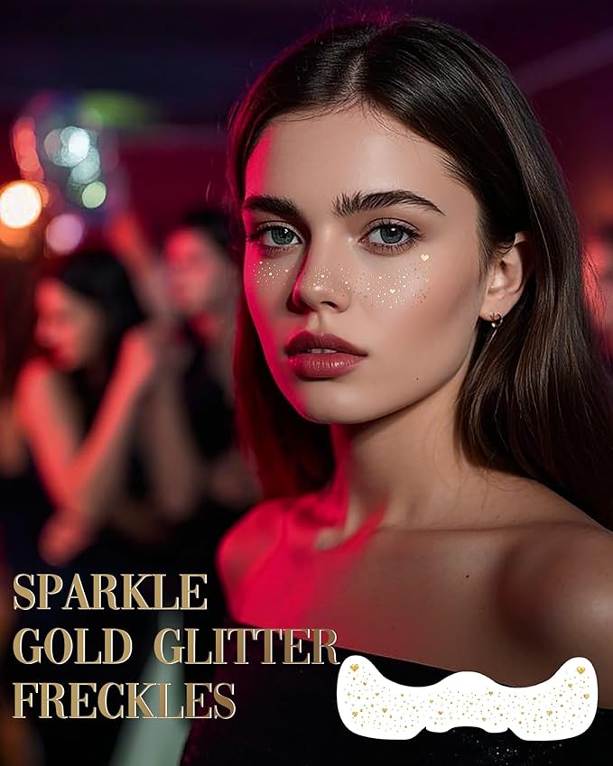 Glitter Freckles, Body Face Glitter for Women Girls, Waterproof Glow Up Singer Concerts Festival Rave Accessories (Gold - Hearted)