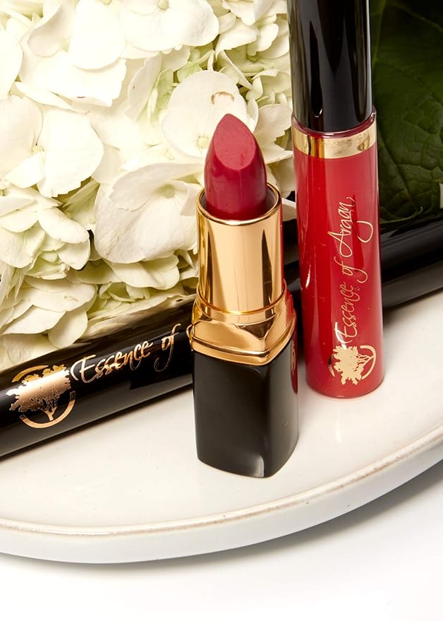 Essence Of Argan Lip Care Bundle - Moisturizing Deep Red Lipstick & Nourishing Lip Gloss with Organic Moroccan Argan Oil - Voluptuous Sexy Lips - Sun Protection, Long Lasting & Colorful Lip Balm Set