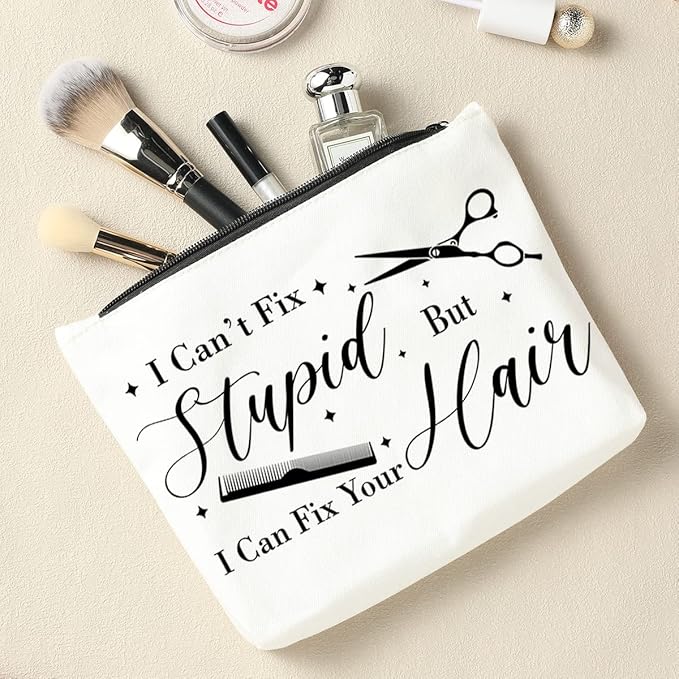 NBIAN Hair Stylist Makeup Bag, Hairdresser Gift, Hairdresser Gifts for Women I Can't Fix Stupid But I Can Fix Your Hair, Makeup Travel Case, Inspirational Hair Stylist Gift Valentine's Day Gift