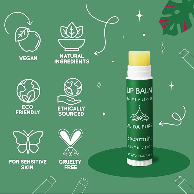 ALIDA PURE Spearmint Lip Balm Collection, Vegan Set, Beeswax Free, with Organic Jojoba and Avocado Oil, Vitamin E, Natural Moisturizer for Dry, Chapped Lips, 3 Tube Set