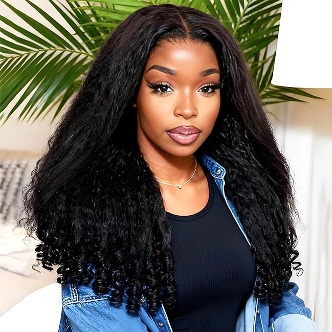 ORIGINAL QUEEN Kinky Straight Wear and Go Glueless Wigs Human Hair with Spiral Curls Ends Upgrade 9X6 T Part Pre Cut Lace Burmese Curly Seamless Flip Over Wig with Drawstring 180% Density 26 Inch