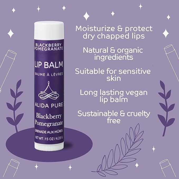 ALIDA PURE Blackberry Pomegranate Lip Balm Collection, Vegan Set, Beeswax Free, with Organic Jojoba and Avocado Oil, Vitamin E, Natural Moisturizer for Dry, Chapped Lips, 3 Tube Set