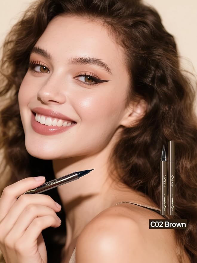 Catkin Liquid Eyeliner Pen Ultra-fine Waterproof Smoothy Stay 24 hrs Long Lasting Quick Drying for Sensitive Eyes Alcohol Free Natural Brown