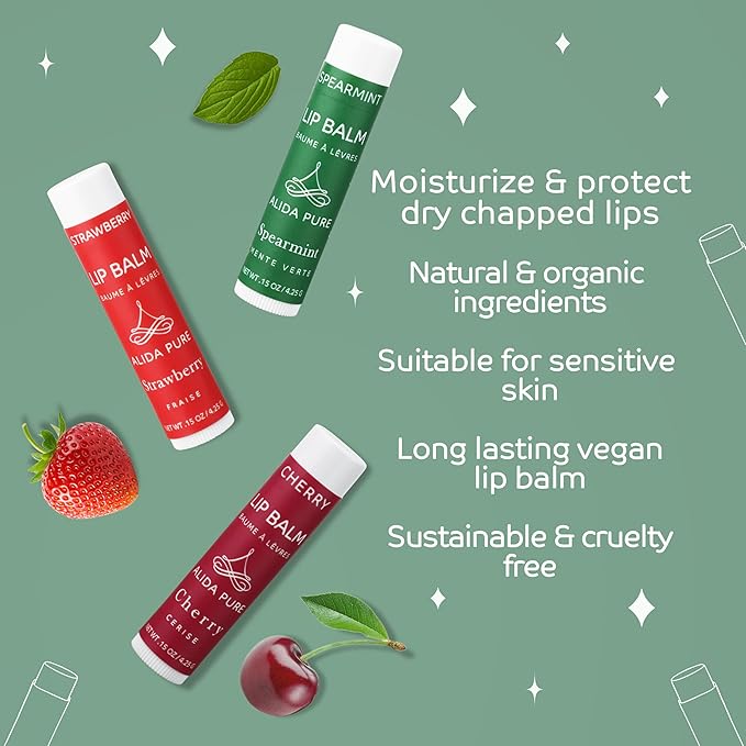 ALIDA PURE Berry Mint Lip Balm Collection, Vegan Set, Bees Wax Free, Coconut Oil Free, with Organic Jojoba and Avocado Oil, Vitamin E, Natural Moisturizer For Dry Cracked Lips, 3 Tube Set