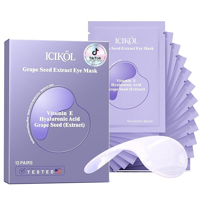 ICIKOL Collagen Under Eye Patches for Puffy Eyes and Dark Circles, Under Eye Mask for Radiance Boost, Deep Hydrating Undereye Mask Patches for Treatment with Women Beauty (12 Pairs, Grape seed)