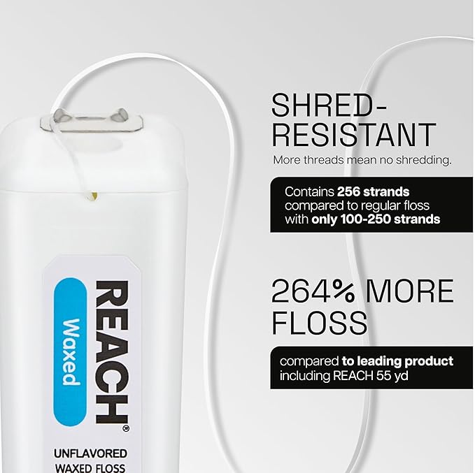 REACH Waxed Dental Floss, Unflavored, 3.6X More Value, Plaque Remover for Teeth, Shred Resistant, Floss Slides Smoothly, Easy to Use, Waxed, Oral Care, PFAS Free, for Adults & Kids, 2 Pack, 200 yd