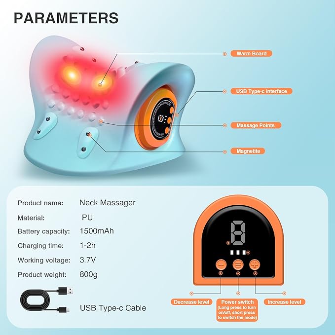 Neck Massager, Neck and Shoulder Relaxer with Heat, 3 Modes, Portable Pillows for Pain Relief and Muscle Relax, 26° Angle Cervical Traction Device for Back, Shoulder