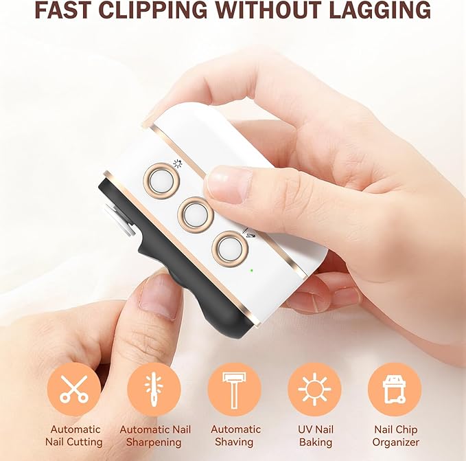 Electric Nail Clipper, Upgraded 5 in 1 Electric Nail Trimmer with Polishing, Shaving, LED Gel Nail Lamp, Dust Storage and LED Light, Automatic Electric Nail File for Kids, Adult, Seniors (White)
