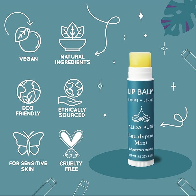 ALIDA PURE Fruit Mint Lip Balm Collection, Vegan Set, Bees Wax Free, Coconut Oil Free, with Organic Jojoba and Avocado Oil, Vitamin E, Natural Moisturizer For Dry Cracked Lips, 3 Tube Set