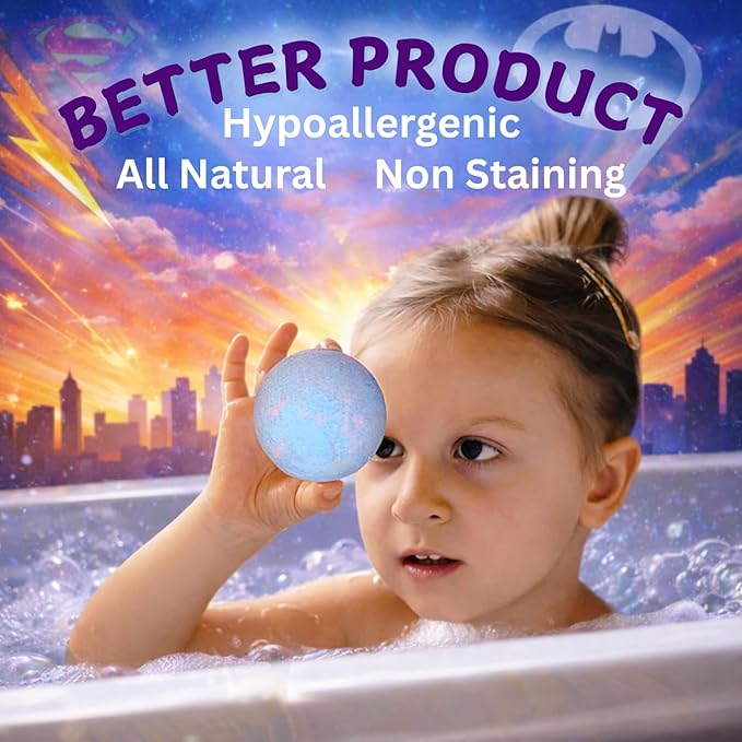 EvolutionUSA Purple Epic Superhero Bath Bombs for Kids, 6 Super Hero Bath Bombs with Toy Inside, Lush Childrens Bathbombs, Organic Bathbomb with Surprise Inside, Fizzy Fun Superhero Bath Balls