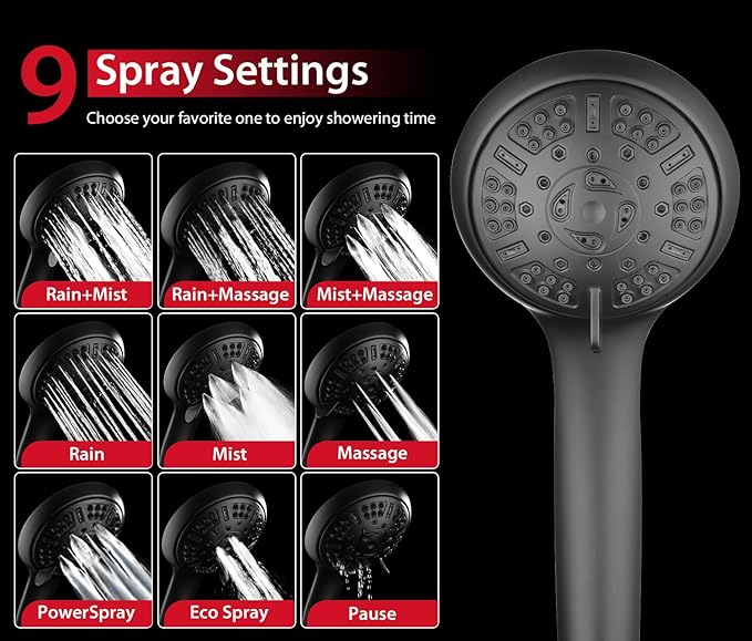 GRICH 2.5GPM Shower Head with Handheld Spray Combo: 2 in 1 Rainfall Shower Heads high pressure & Handheld Shower Head, 9 Spray Modes/Settings Detachable Shower Head with 60 Inch Hose, Black