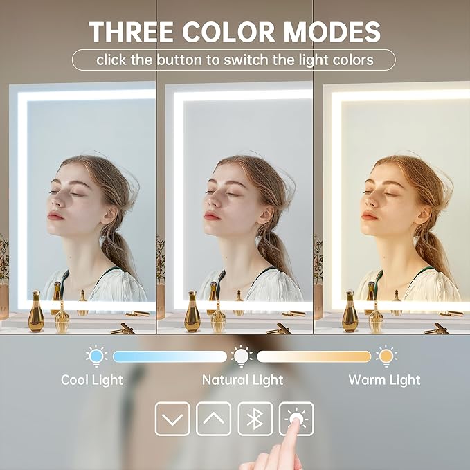 Hasipu Vanity Mirror with Lights, 55" x 36" LED Makeup Mirror, Lighted Makeup Mirror with Dimmable 3 Modes, Touch Screen Control Vanity Mirror Square White
