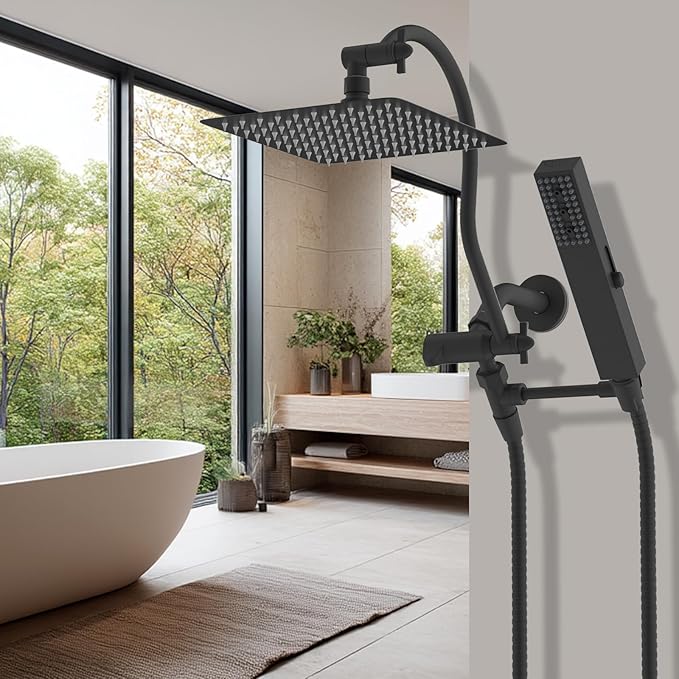 Hibbent All Metal cUPC Certified Shower Head, 10'' High Pressure Rainfall Showerhead Combo, Handheld Shower Wand, 12'' Adjustable Extension Arm, 4-Spray, 71'' Hose, Brass Shower Holder, Matte Black