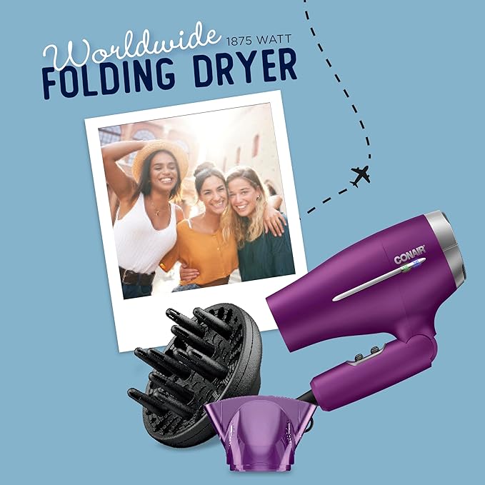 Conair Hair Dryer, Worldwide Travel Hair Dryer with Smart Voltage Technology and Folding Handle, Includes Diffuser and Concentrator, Purple