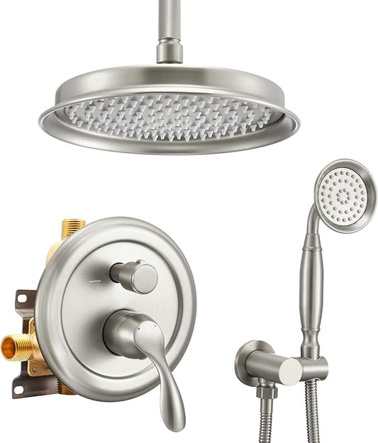 DASAN Rain Shower System Complete Antique Shower Faucet Sets, Brushed Nickel Shower Fixtures Combo with Pressure Balance Valve, Trim Kit, 9’’ Rainfall Overhead Shower & Handheld, AT209C-BN