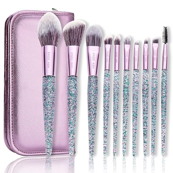 ENZO KEN Glitter Makeup Brushes Set with Case, Vegan Makeup Brush Set Professional, Colorful Cosmetic Brushes Makeup Set, Make up Brush Vegan, Make up Brushes Set Professional, Makeup Brush Set Vegan