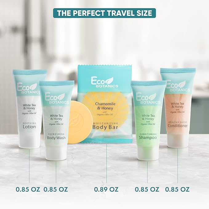 Terra Pure Eco Botanics Hotel Soaps and Toiletries Bulk Set | 1-Shoppe All-In-Kit Amenities |0.85oz Shampoo & Conditioner, Body Wash, Body Lotion & 0.89oz Bar Soap Travel Size | 75 Pieces