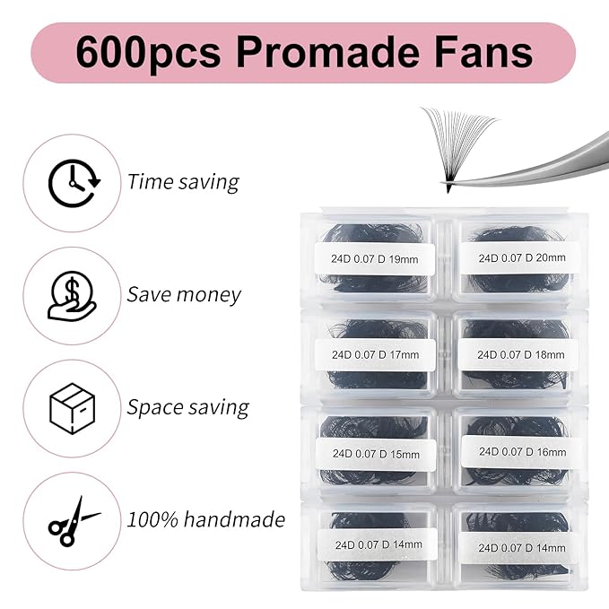 FADLASH Volume Lash Extensions 600pcs 24D Premade Fans Eyelash Extensions D Curl Pointy Base Pre Made Fans Lash Extension Mixed Tray Eyelash Extension Premade Fans (24D-0.07D-14-20mm), Black