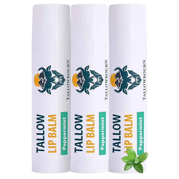 Tallowbourn Moisturizing Tallow Lip Balm – Grass-Fed Beef Tallow with Organic Coconut Oil, Beeswax, and Vitamin E – Peppermint – Lip Balm Set – Travel Essential – 3-Pack