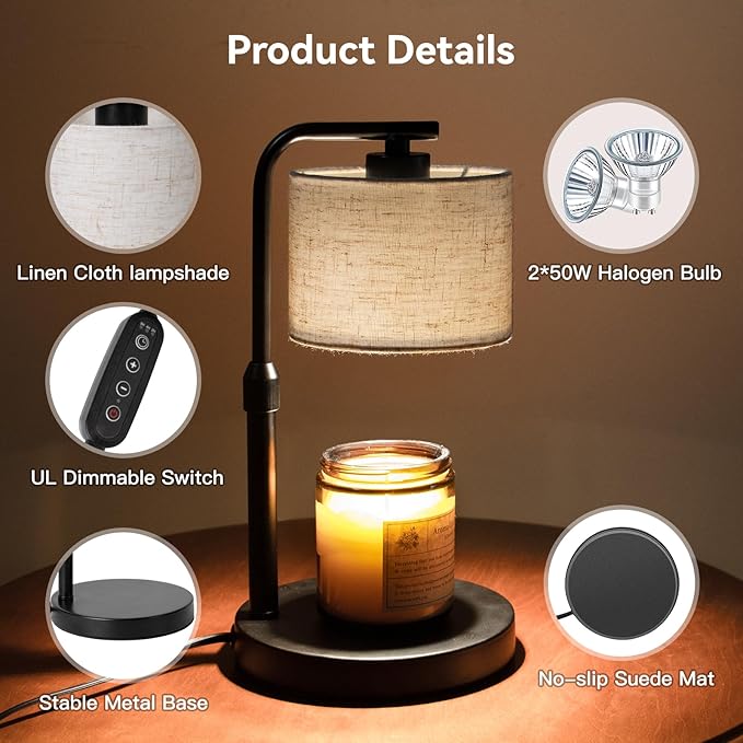 Candle Warmer Lamp with Timer, Dimmable Candle Wax Warmer with 2 Light Bulbs, Height Adjustable Electric Candle Light Scented Candles, Home Room Decor, Gifts for Women Mom
