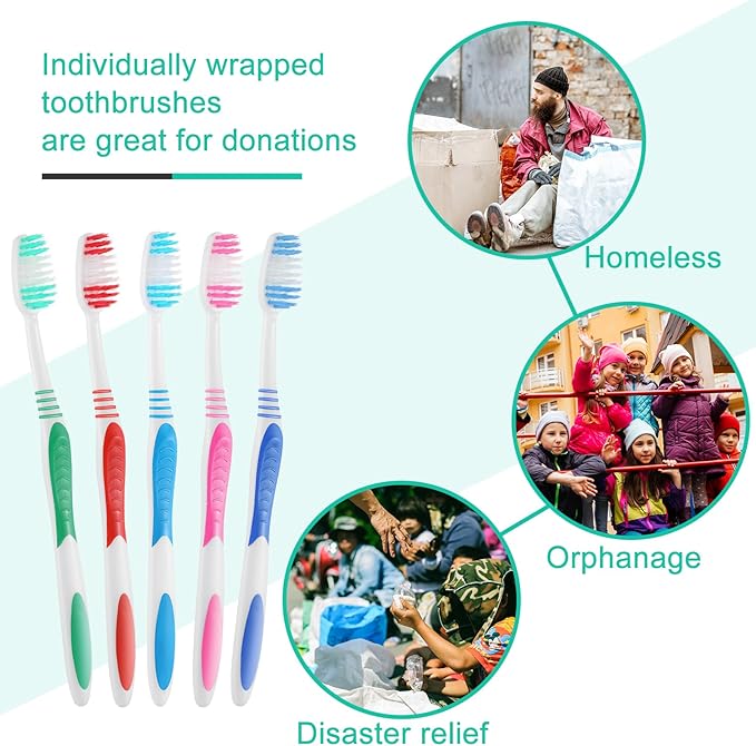 Tioncy 500 Pack Toothbrushes Bulk Individually Wrapped Pack with Covers Colorful Tooth Brushes Medium Disposable Soft Bristles Adult Manual Toothbrush for Travel Hotel Packages Relief Donations