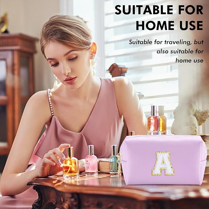 URSKYTOUS Gifts for Girls Initial Makeup Bag Personalized Cosmetic Bag with Zipper Cute Travel Toiletry Bag Waterproof PU Preppy Makeup Pouch Birthday Gift for Teen Girls Women(Purple A)