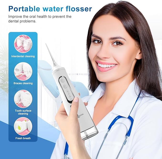 JNGOODS Cordless Water Dental Flosser Oral irrigator,JNGOODS 310ml Rechargeable Water flosser for Teeth IPX7 Waterproof 4 Modes Portable Oral Irrigator with 4 Jet Tips,Travel Home use (White)