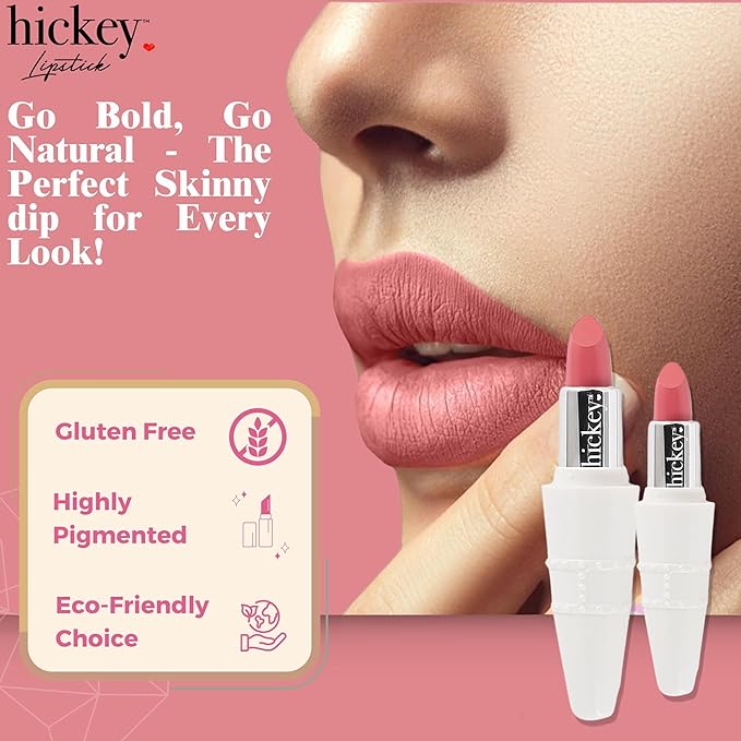 Hickey Lipstick Set - Skinny Dip (Light Pink), Refillable Silver Case with Chain, Satin Pouch & Ribbon (Wearable Necklace), Long Lasting Hydrating Velvet Finish Lipstick for Women, Vegan & Gluten-Free